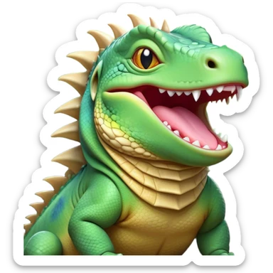 Cinematic Cute Yawning Iguana Portrait Emoji, Head tilted slightly with a dramatic, wide-open yawn, showcasing a sturdy, scaled body with a softly drooping spiky crest and sleepy, half-closed eyes, Simplified yet irresistibly adorable features, highly detailed, glowing with a soft, cozy jungle glow, high shine, relaxed yet expressive, stylized with a dash of whimsical charm, soft glowing outline, capturing the essence of a drowsy yet affectionate iguana that appears ready to stretch out for a nap! sticker