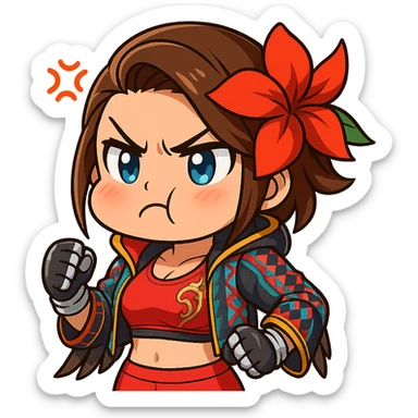 Azucena from Tekken 8 in chibi sticker style, angry with puffed cheeks, standard Twitch emote, wearing her detailed red and patterned outfit as shown in the reference images. sticker