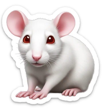 Realistic white rat with small ears, small eyes, bright red eyes and baby pink tail and baby pink paws in sleeping position neutral face eyes open body curled around pink nose hyperrealistic sticker
