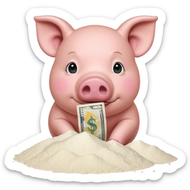 A pig with a dollar bill held to his nose looking down at a small pile of flour  sticker