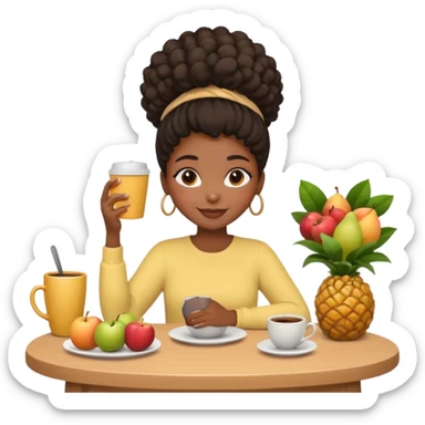 Apple-style emoji of a Black girl, 4C hair in a puff, clean girl aesthetic, sitting at a table with coffee and fruits, cozy pastel vibe, smiling. sticker