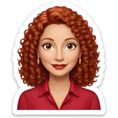 Puerto Rican actress in her 50s with elongated face, soft features, highlighted cheekbones, friendly warm smile, medium almond-shaped brown eyes, defined medium eyebrows, straight fine nose, medium lips with accessible smile, vibrant red curly hair with artistic styling, wearing a solid red blouse sticker