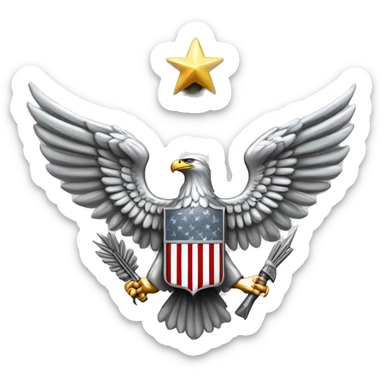 Create an emoji of a silver US Army O-6 Colonel insignia: a detailed silver eagle with outstretched wings, clutching arrows and bearing a shield on its chest. Ensure the background is transparent. sticker