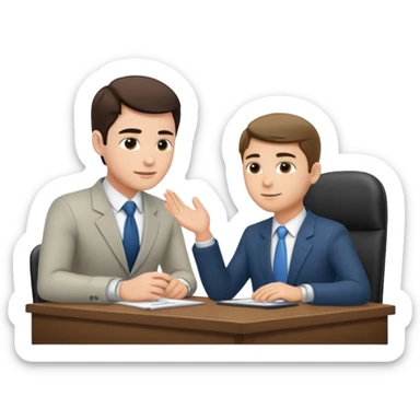 une image de 3/4 avec un recruteur à son bureau PAS DE FACE DE 3/4! qui regarde un candidat assis en face de lui. le recruteur est à droite sticker