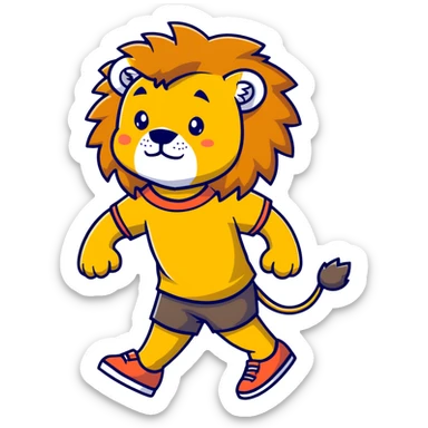 retro 1950s anthropomorphised lion in a t-shirt and shorts, walking sticker