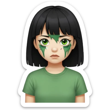 Garota de cabelo preto com franja com a pele verde e ferimentos expostos na cara, usa uma camiseta branca rasgada e suja de poeira  sticker