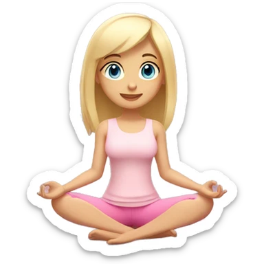 blonde with bangs and blue eyes yoga girl light pink clothes sitting on yoga mat sticker