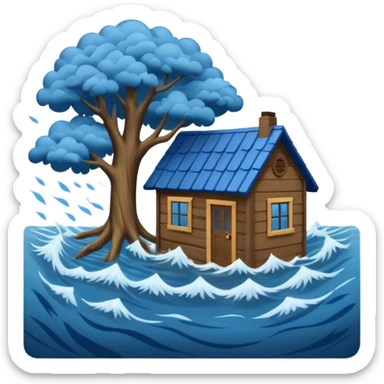 showing a flood disaster scene with powerful blue water waves carrying floating tree branches and wood pieces, small houses partially submerged, dark storm clouds above, heavy rain, realistic yet simple and clean emoji-style design sticker