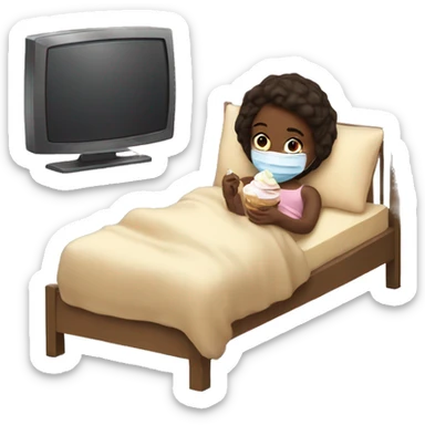 a girl laying in bed with a facemask on while watching tv and eating icecream sticker
