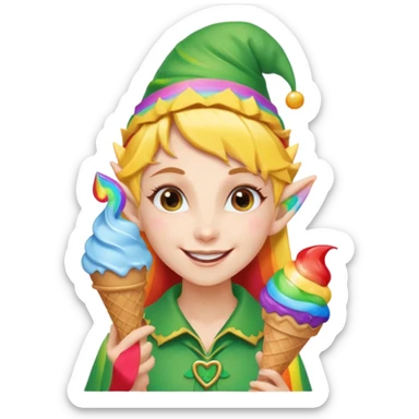 A cheerful elf girl with pointy ears holding a rainbow ice cream cone, smiling brightly.

 sticker