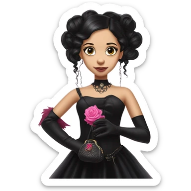 healthy standing flirty Lavish black evening gown with see-through gloves, Jenna Ortega as Addams woman prom queen wearing a steampunk mini tiara, very large blood  pink evil-looking horned old dragon purse sticker