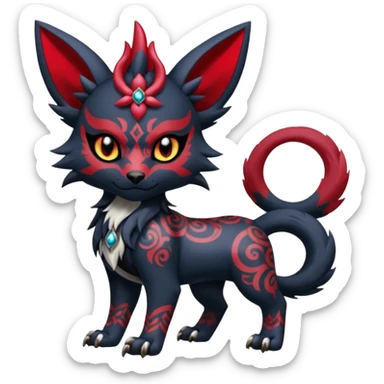 Asian-painted tattooed oriental Floral gothic edgy emo cool and ruby-jewelry-adorned Absol-Litten-Zorua-Houndour-fusion-Fakemon-animal-creature  sticker