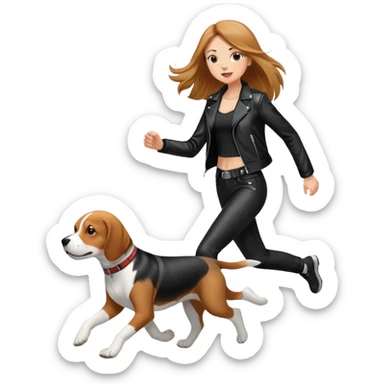 A beautiful tall girl with fair skin and long hair wearing a black leather jacket and black pants running with Beagle sticker