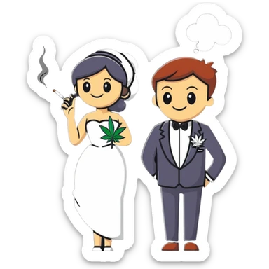 Full body view of person in fancy clothes sneaking into a wedding ceremony with a mischievous grin, uninvited guest, smoking cannabis sticker