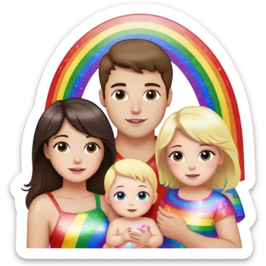 Brunette woman and brunette man with blonde little girl baby all gay all rainbow and glitter and pride sticker