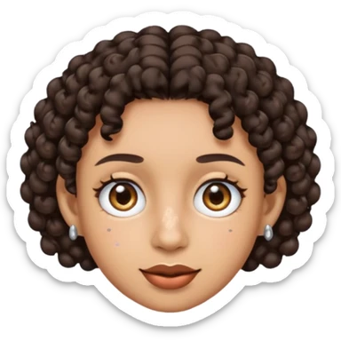 an emoji with a mixed skin color, short dark brown curly hair with 2 silver stud earrings on both ears and 2 slits on each eyebrow sticker