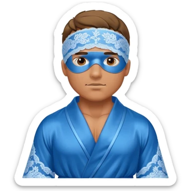 muscular man body silk lace blue robe model wearing sleep mask sticker