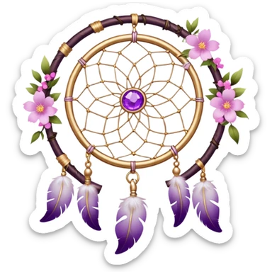 A white Dreamcatcher with purple-round-orb-stones, gold-ring-accents, purple tint flowers, pink sakura flowers, sticker