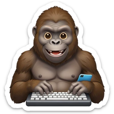 happy smiling gorilla ape typing on a keyboard, texting sticker