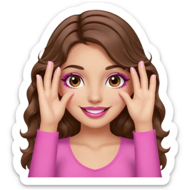 girl with long wavy brown hair, brown eyes, long lashes, sexy pink lips, light to medium complexion, wearing a pink sexy top, smiling, hands covering the eyes sticker