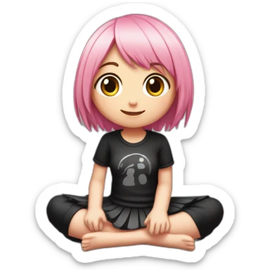 Full body Front view curvy emo girl pink hair sits on the floor straight view hands up black skirt белые трусики полосатые рваные чулки sticker