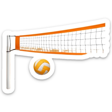 A close-up volleyball net with a ball hovering above it, set against the backdrop of a sandy volleyball court. The scene highlights the tension of an impending play, with the court lines clearly visible and a bright, sunny atmosphere surrounding the action. sticker
