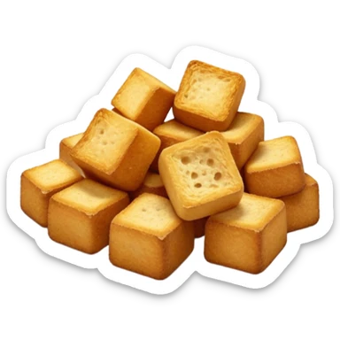 3 to 5 small golden-brown croutons, lightly toasted, irregular shape, crispy, dry, textured, slightly rough porous surface, warm golden-to-brown gradient, hint of seasoning like herbs, 3D-rendered, clean, softly lit, gentle shadows, transparent background, emoji scale sticker