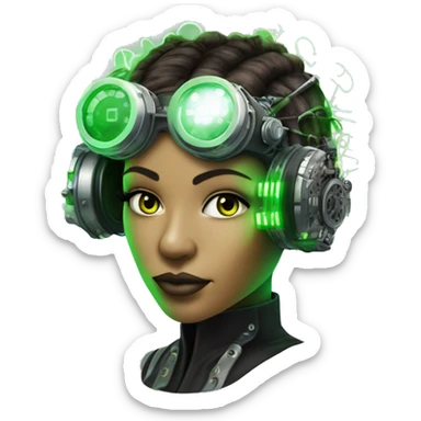 Neon green bobbed hair Latina female cyborg head with silver steampunk goggles and circuits sticker