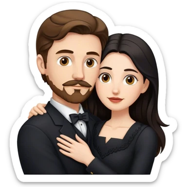 married couple portrait, tall white man with brown hair goatee mustache embracing a pale woman with long black hair, wearing formal clothing sticker