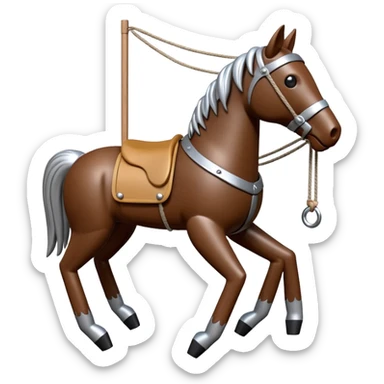 3D render of Horse Puppet as a wooden marionette puppet, Wooden toy horse on strings, silver metal screw joints at elbows and knees, polished brown wood texture, rigid toy pose, emoji style, isolated on white background --v 6.0. sticker