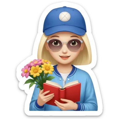 ["A happy girl with light skin, bald, wearing a baseball cap and sunglasses, dressed in K-pop fashion, is reading a book while holding a flower bouquet."] sticker