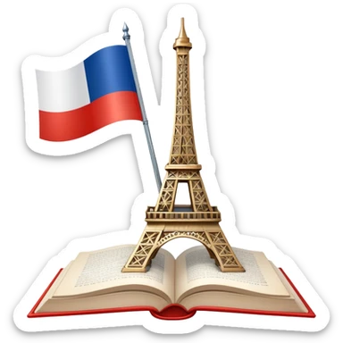 An icon featuring the Eiffel Tower and the flag of France, symbolizing the French language. The design includes an open book, representing language learning and cultural elegance. Transparent background highlights the beauty of French heritage. sticker