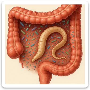 a medical illustration of a human realistic gut with bacteria and parasyte (tenia) realistic  sticker