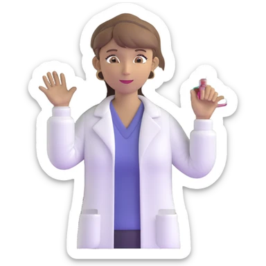 middle-aged science teacher, light brown hair in ponytail with bangs, brown eyes, standing by a chalkboard with science formulas sticker