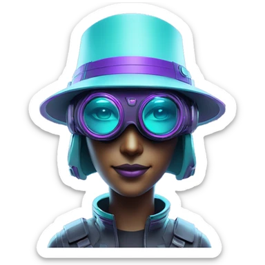 Secret humanoid agent in a futuristic hat with in Apple VR goggles headset code display on the goggles , cyberpunk, cyan and purple colors, only upper body portrait, front facing the camera  sticker