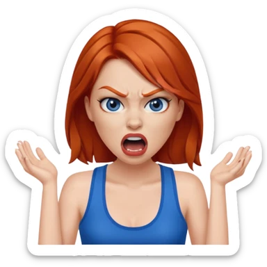 mujer pelirroja con los ojos y los labios maquillados enojada gritando con musculosa azul sticker