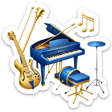 Create an elegant and artistic emoji that represents music arrangement and orchestration. The design should feature musical notes, a set of piano keys, a drum set, and an electric guitar to symbolize the diverse elements of orchestration and arrangement. Include a conductor's baton to emphasize the role of a conductor in bringing all the instruments together. Use a mix of rich colors like gold, silver, and deep blue for sophistication, and add flowing lines to represent the harmony between different instruments. The background should be transparent. sticker