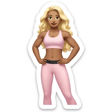 White woman, pale woman, long hair, blonde hair, wavy hair, baby pink sports bra, baby pink leggings, flexing right arm sticker