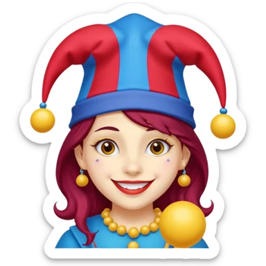 Girl with red and blue jester hat with yellow balls on the ends of the jester hat smiling with rosy cheeks and dark hair sticker