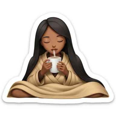 Chocolate brown girl with long straight jet black hair wrapped inside a tan blanket sipping coffee eyes closed sticker