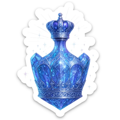 luxurious crystal elixir bottle in crown shape, color #7986cb, multi-layered holographic and silver filigree, intricate crystal texture, magical glowing and sparkling effects, radiant light beams, very small neck, seamless ornate bottom, transparent background, bottle clearly floating in air, no base or shadow, not standing, modern, collection style, extremely beautiful and refined sticker