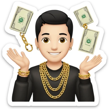 Has un chico con mucha plata en sus manos y en su alrededor, Con una cadena que diga "JovenBallin" y que tenga pelo negro y sea piel blanca sticker