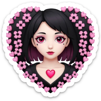 goth sakura heart, heart made of black sakura petals with pink accents sticker