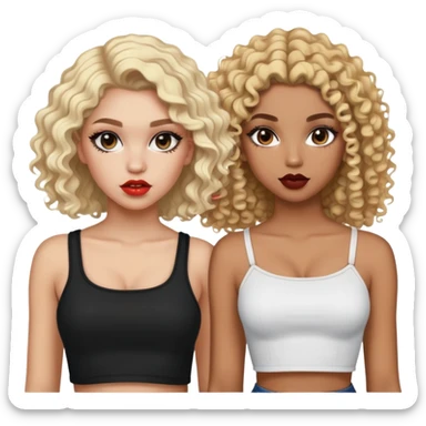 Two teenage girls together, one white with blonde hair and one brown-skinned with curly dark hair, both with heavy makeup, big lips, crop tops and choni style clothing sticker