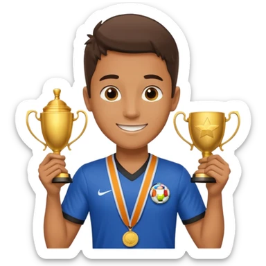 Happy light soccer player with a first-place medal and a trophy
 sticker