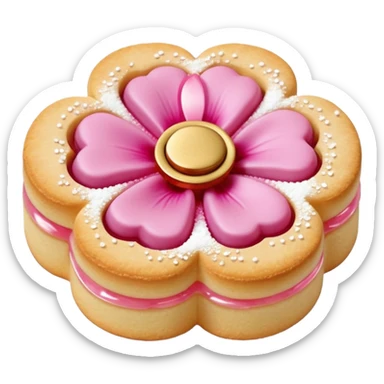 Realistic shortbread cookie in the shape of a camilia flower with pastel pink color jelly middle filling andkled powder sugar on top.emoj sprini sticker