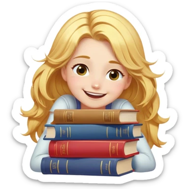 Cinematic Adorable Belle Portrait Emoji, Giggling as she hugs a stack of books, eyes twinkling with excitement, golden hair tousled slightly, a perfect mix of beauty and endearing nerdiness! sticker