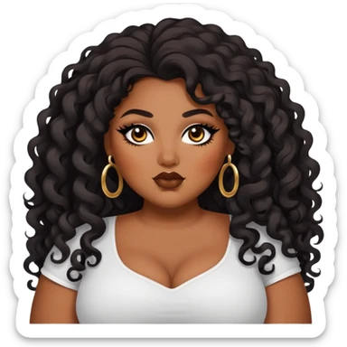 big plus size, brown skin, long black curly hair, baddie,pretty, makeup, black eyeliner, long hair sticker