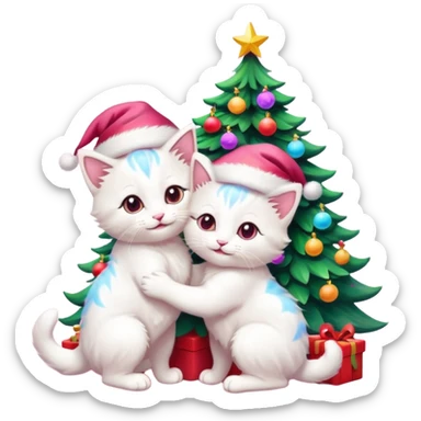two hugging white happy fluffy cute smiling kittens with Santa hats by a colorful multicolored brightly lit up Christmas tree sticker