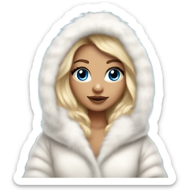 Tanned Girl with lashes and blue eyes, blonde hair, in a extremely big fluffy oversized white fur coat with hood on. The fur is real and it’s very obvious big and fluffy  sticker